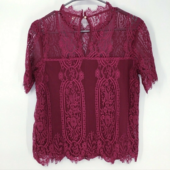 Eyeshadow Short Sleeve Lace Top Maroon Women's XS Keyhole Back Sheer Lined EUC - Picture 4 of 9
